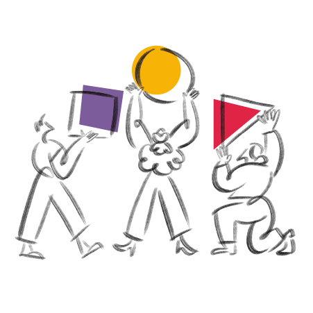 Sketch of people holding various coloured shapes